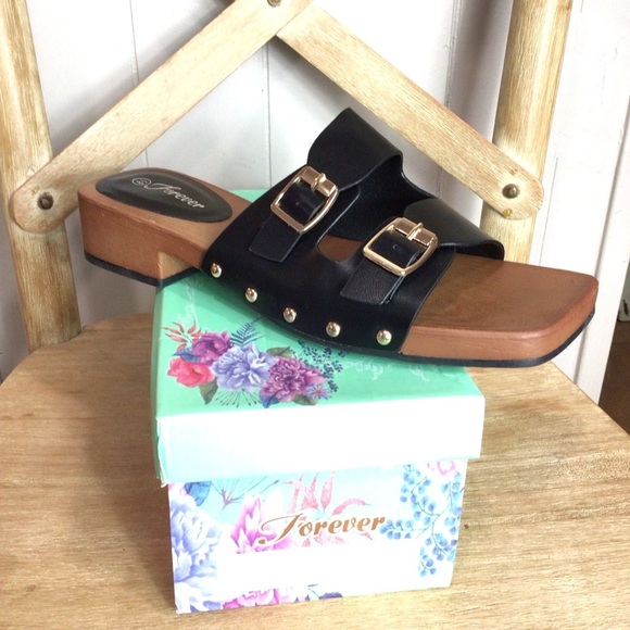 Forever Womens Black Retro Double Strap Buckle Open Toe Slide Clog Size 8.5 - Picture 1 of 9